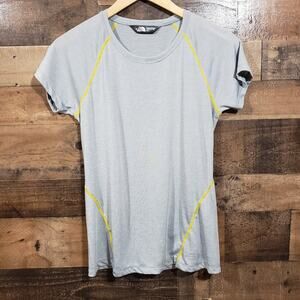 The North Face athletic short sleeve top with yellow exposed stitching woman's S